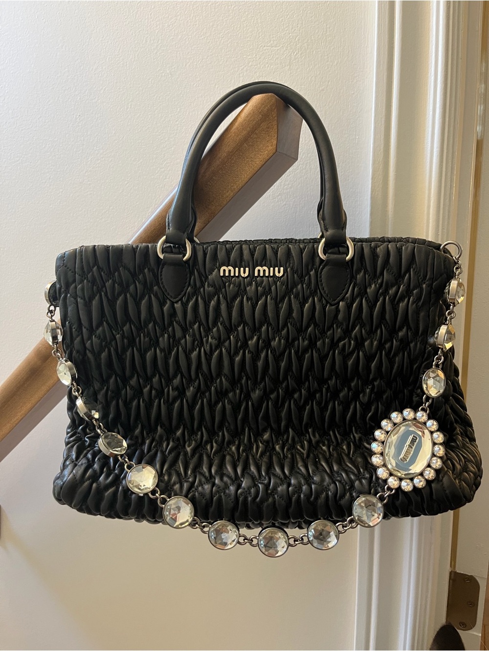 Miu Miu Black Quilted Matelassé Crystal tote bag